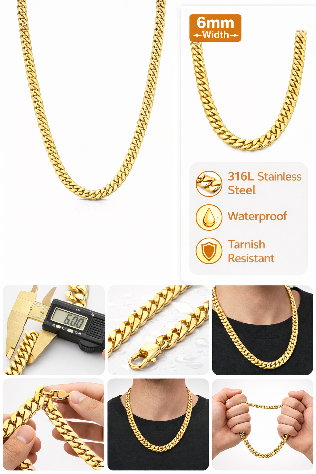 18K Gold Filled Cuban Chain, 22 inch 6mm